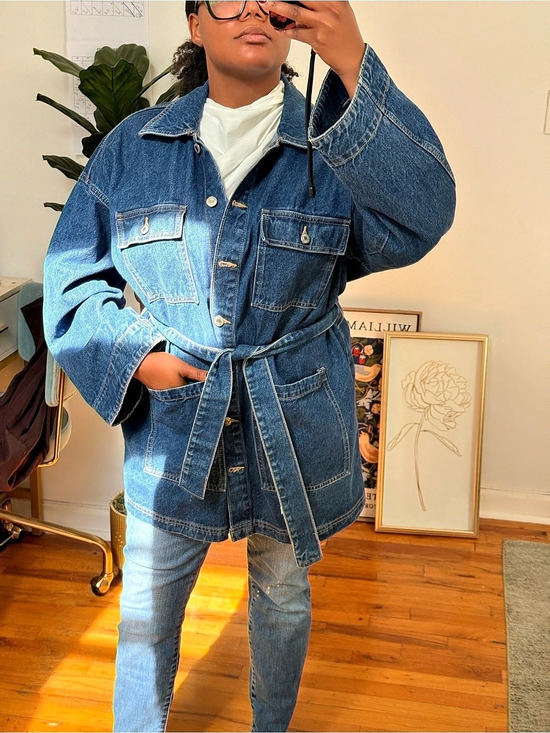 H&M Jackets & Blazers - H&M Women's Belted Denim Jacket in Blue Oversized